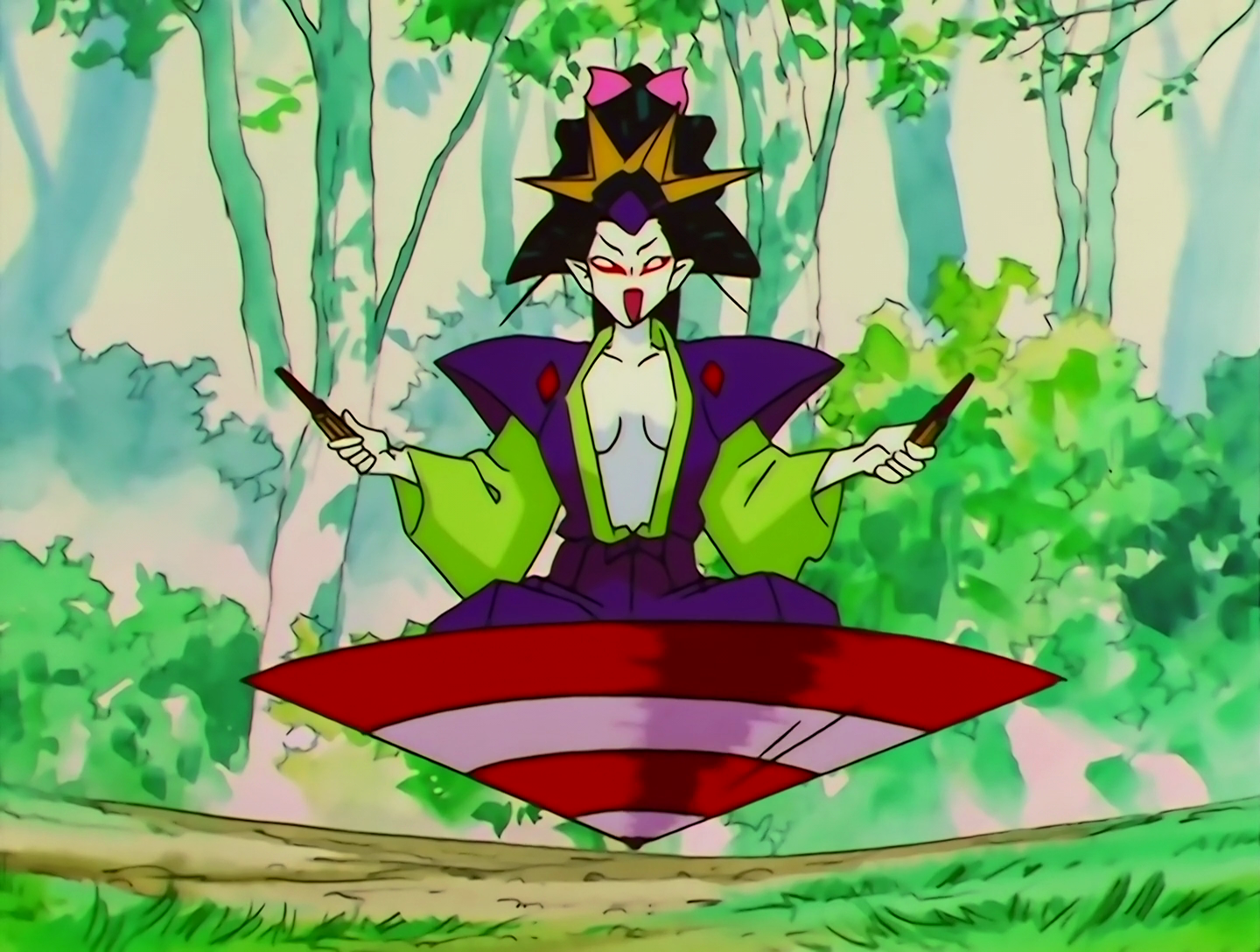 Mizugeiko, a Lemures from Sailor Moon episode 136. She has pale skin with geisha-esque makeup, and black hair done up in an elaborate style. She’s wearing a green and purple kimono that’s hanging oven at the front, and she’s seated in an inverted red and purple umbrella that’s levitating above the ground.